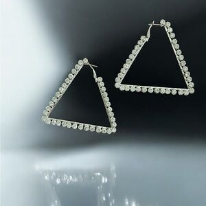 Elegant Silver Tone Rhinestone Triangle Earrings